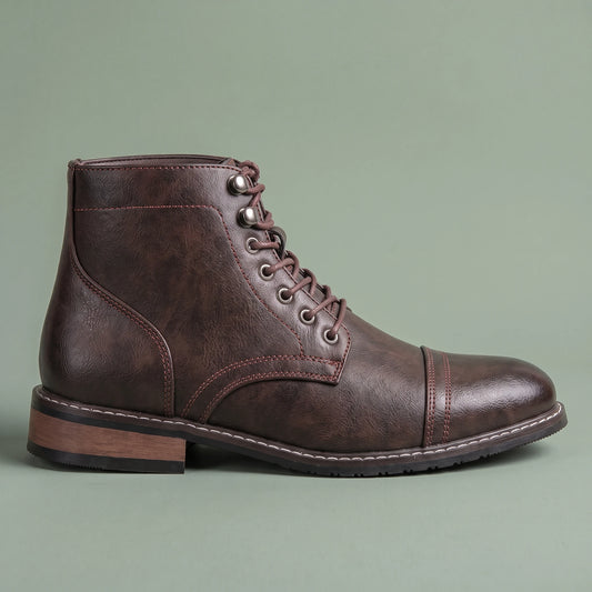 Brennan Cap-Toe Boot in dark brown, men's lace-up cap-toe ankle boot with contrast stitching, side view