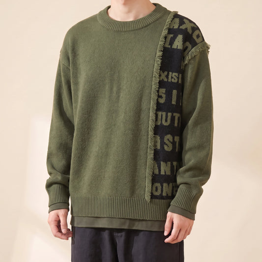 Brixton Fringe Sweater in army green with black letter panel, men's crew-neck knit sweater with a fringed letter panel, front view