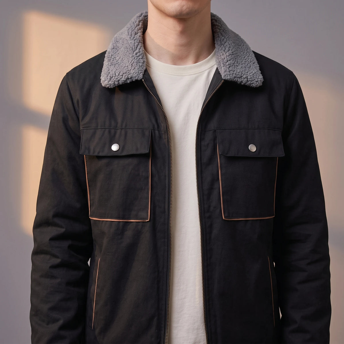 Radley Utility Jacket close-up of sherpa collar, zip and snap chest pocket