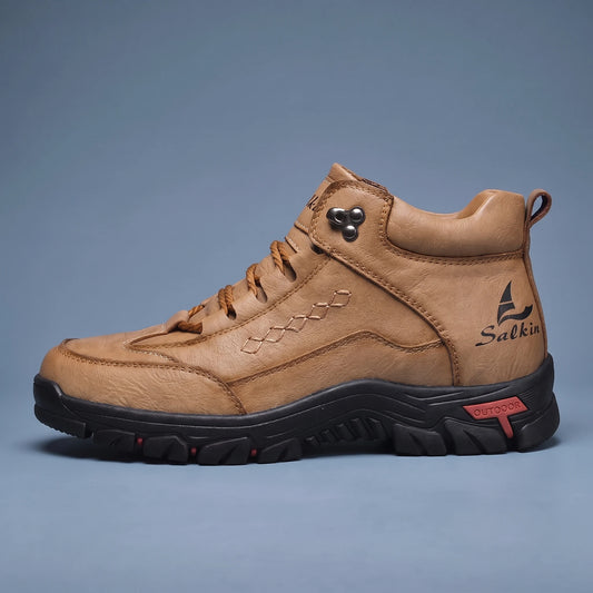 Tarrow Trail Shoe in tan, men's camel high-top hiking shoe with chunky grip sole, side view