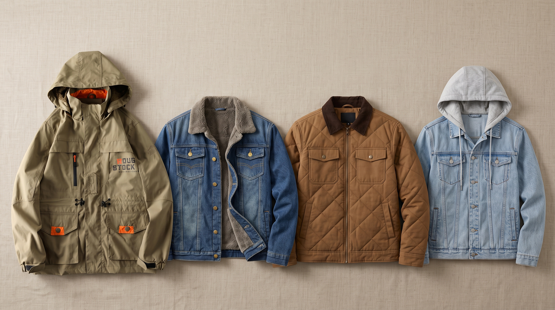 Four Aura Voss fall jackets: windbreaker, sherpa denim, quilted work jacket and hooded trucker