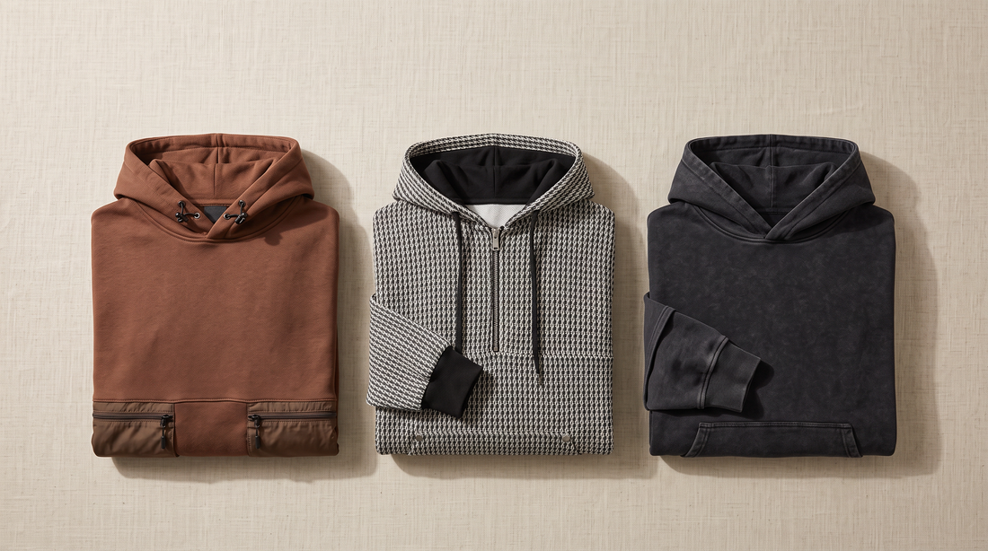 Three Aura Voss men's hoodies folded flat: Draven Cargo Hoodie, Kaevik Waffle Hoodie and Corsten Washed Hoodie