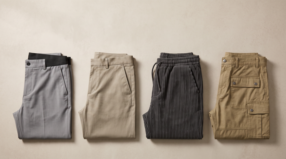 Four pairs of Aura Voss men's trousers folded side by side: grey ankle trousers, chinos, corduroy drawstring pants and khaki cargo pants