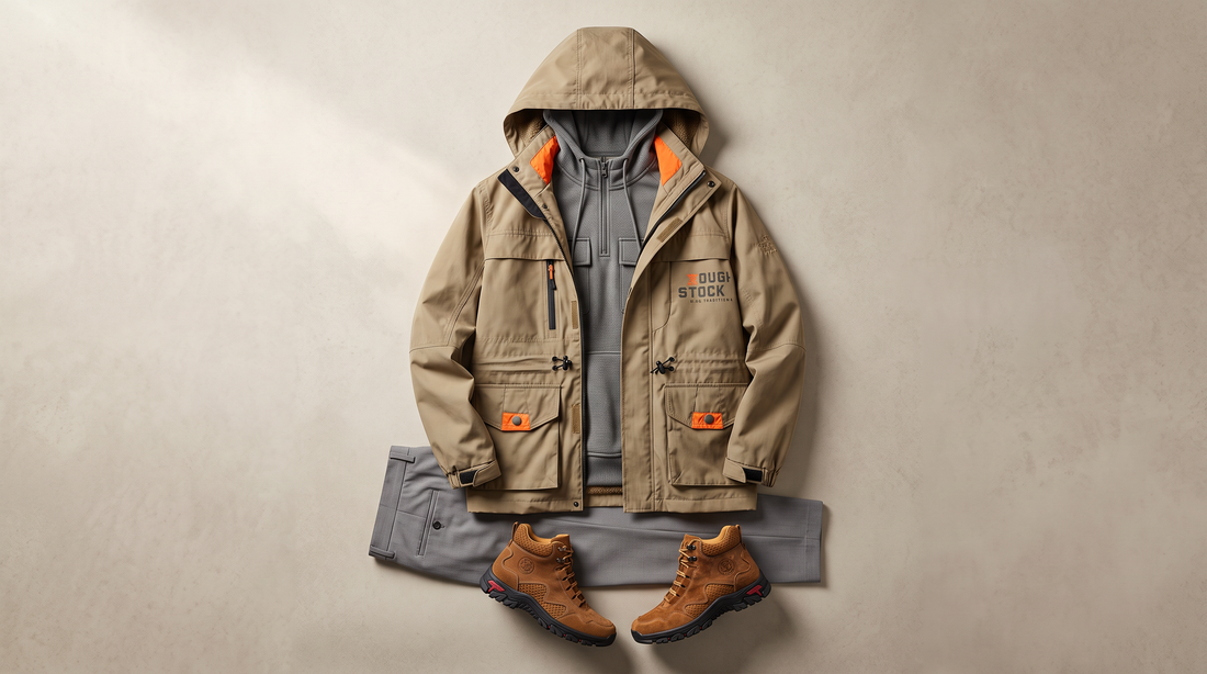 Ardent Stormbreaker Jacket in khaki layered over a grey half-zip hoodie with grey trousers and brown lace-up boots