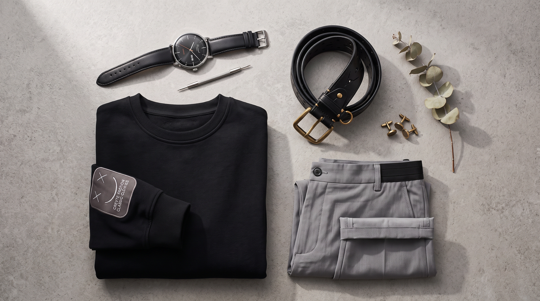 Aura Voss gifts under $50: Harlow watch, Corvane belt, Corwin crewneck and Keaton trousers