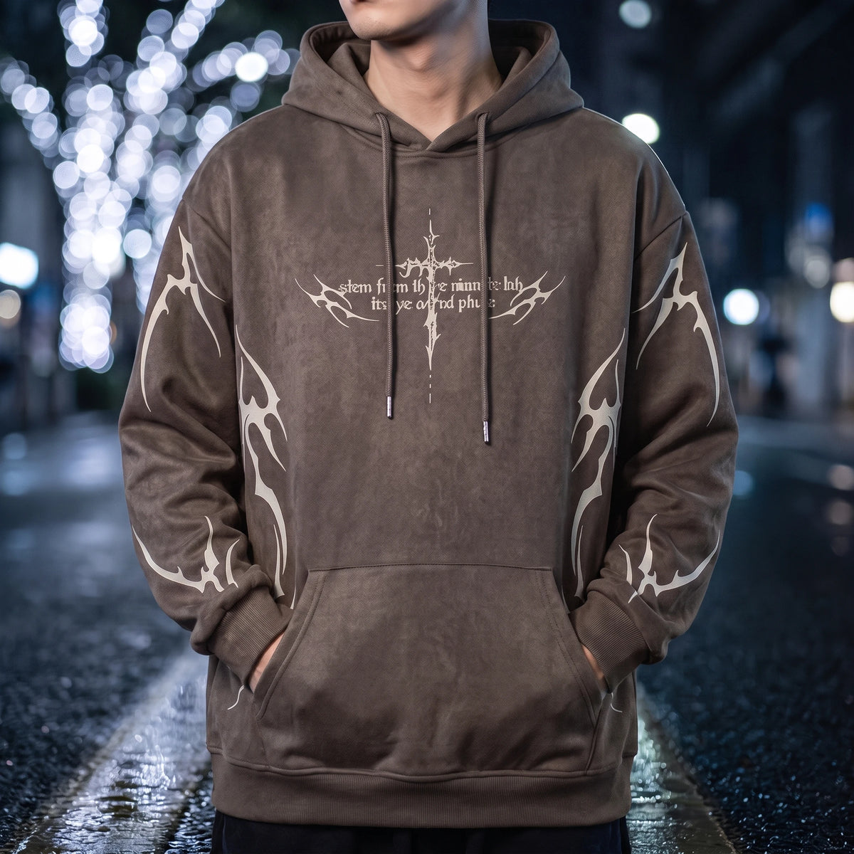 Vaskel Thorn Hoodie in Brown, washed mocha oversized pullover hoodie with off-white gothic thorn-cross chest print and tribal flame sleeve artwork