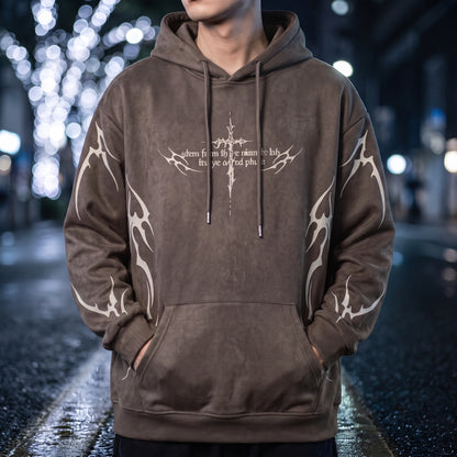 Vaskel Thorn Hoodie in Brown, washed mocha oversized pullover hoodie with off-white gothic thorn-cross chest print and tribal flame sleeve artwork