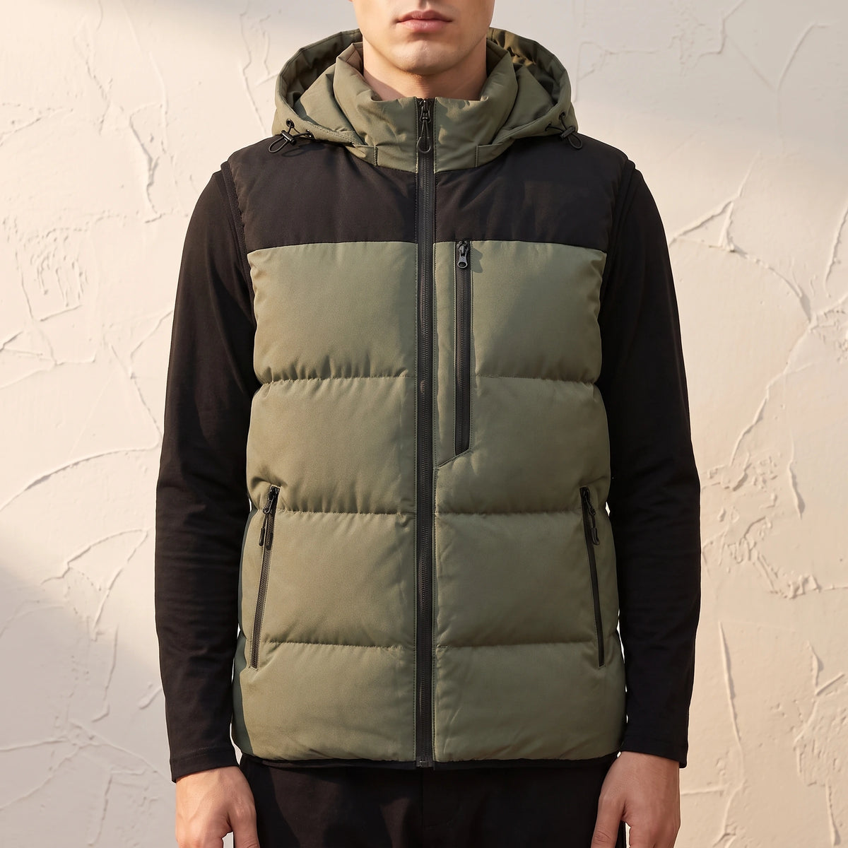 Ashcombe Utility Vest in Green - padded sleeveless vest with detachable hood worn by a model