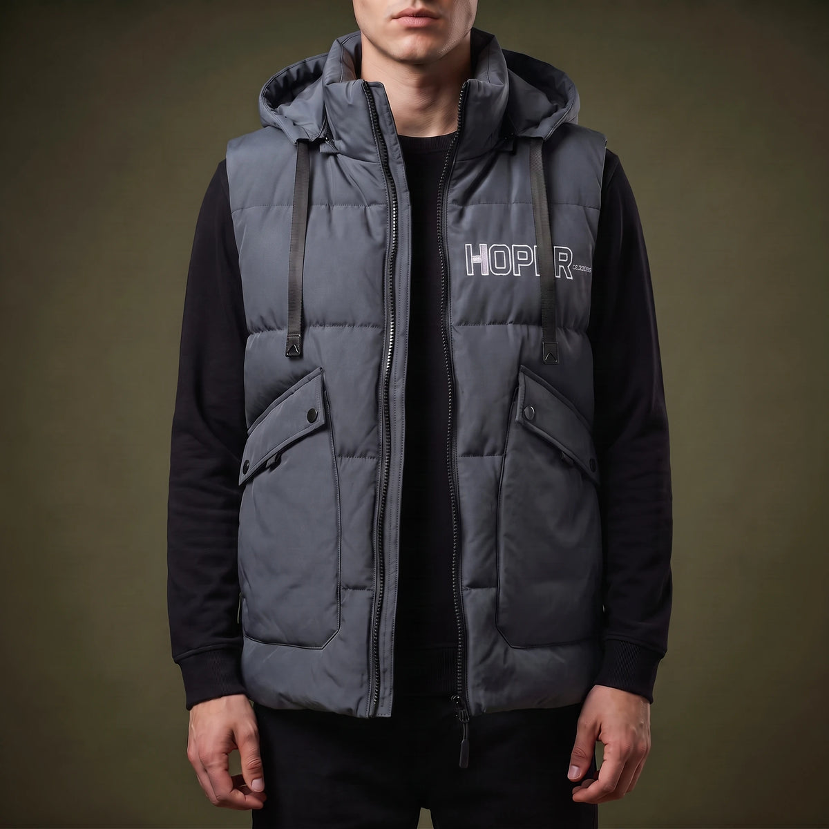 Norvell Hooded Gilet in Grey, slate quilted padded hooded vest with padded stand collar and zip side pockets