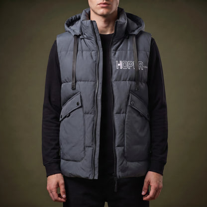 Norvell Hooded Gilet in Grey, slate quilted padded hooded vest with padded stand collar and zip side pockets