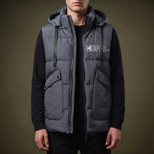 Norvell Hooded Gilet in Grey, slate quilted padded hooded vest with padded stand collar and zip side pockets