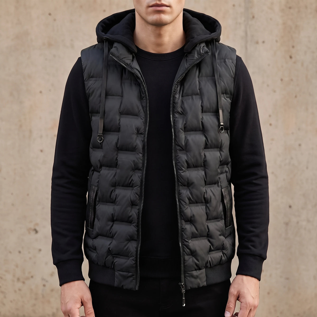 Merrow Padded Vest in Black, black box-quilted sleeveless puffer vest with a matching detachable black hood