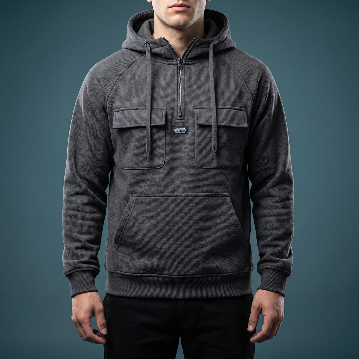 Renholt Utility Hoodie in Charcoal - textured knit half-zip hoodie with flap chest pockets worn by a model