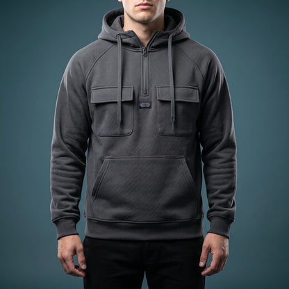 Renholt Utility Hoodie in Charcoal - textured knit half-zip hoodie with flap chest pockets worn by a model