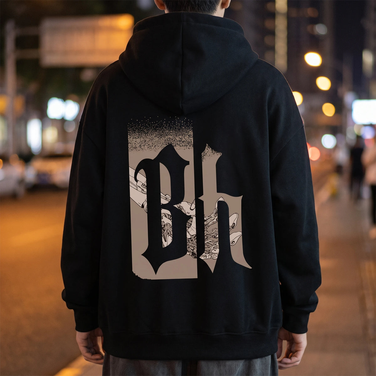 Vallor Gothic Hoodie in black, back view with the large blackletter Bh graphic across the back panel