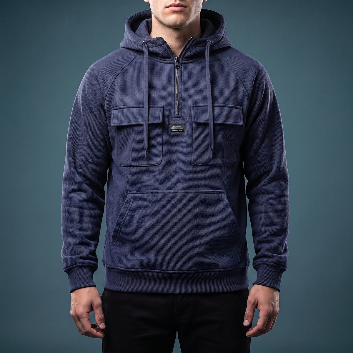 Renholt Utility Hoodie in Navy - textured knit half-zip hoodie with flap chest pockets worn by a model