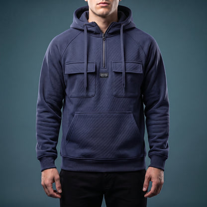 Renholt Utility Hoodie in Navy - textured knit half-zip hoodie with flap chest pockets worn by a model