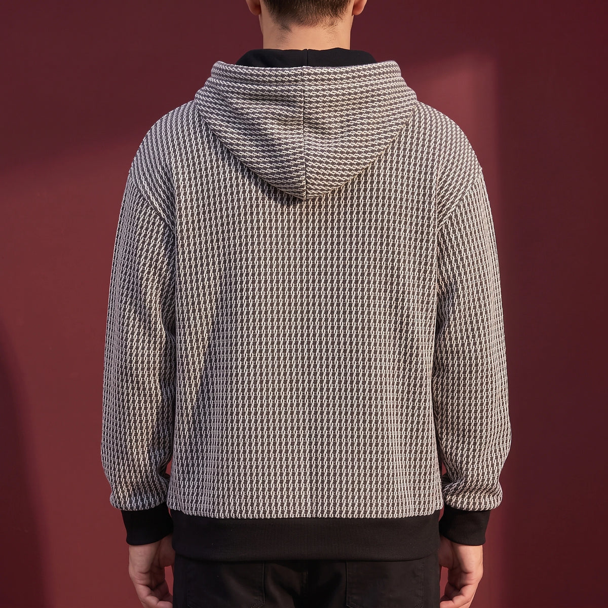Kaevik Waffle Hoodie in Grey - back view showing plain waffle knit back panel and hood
