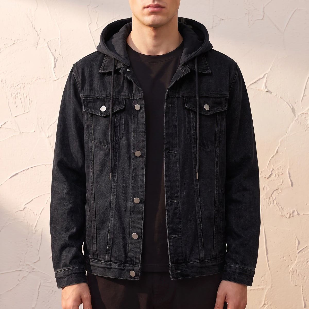 Renvo Trucker Jacket in Black, black denim trucker jacket with a matching detachable black jersey hood
