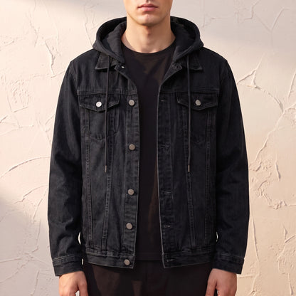 Renvo Trucker Jacket in Black, black denim trucker jacket with a matching detachable black jersey hood
