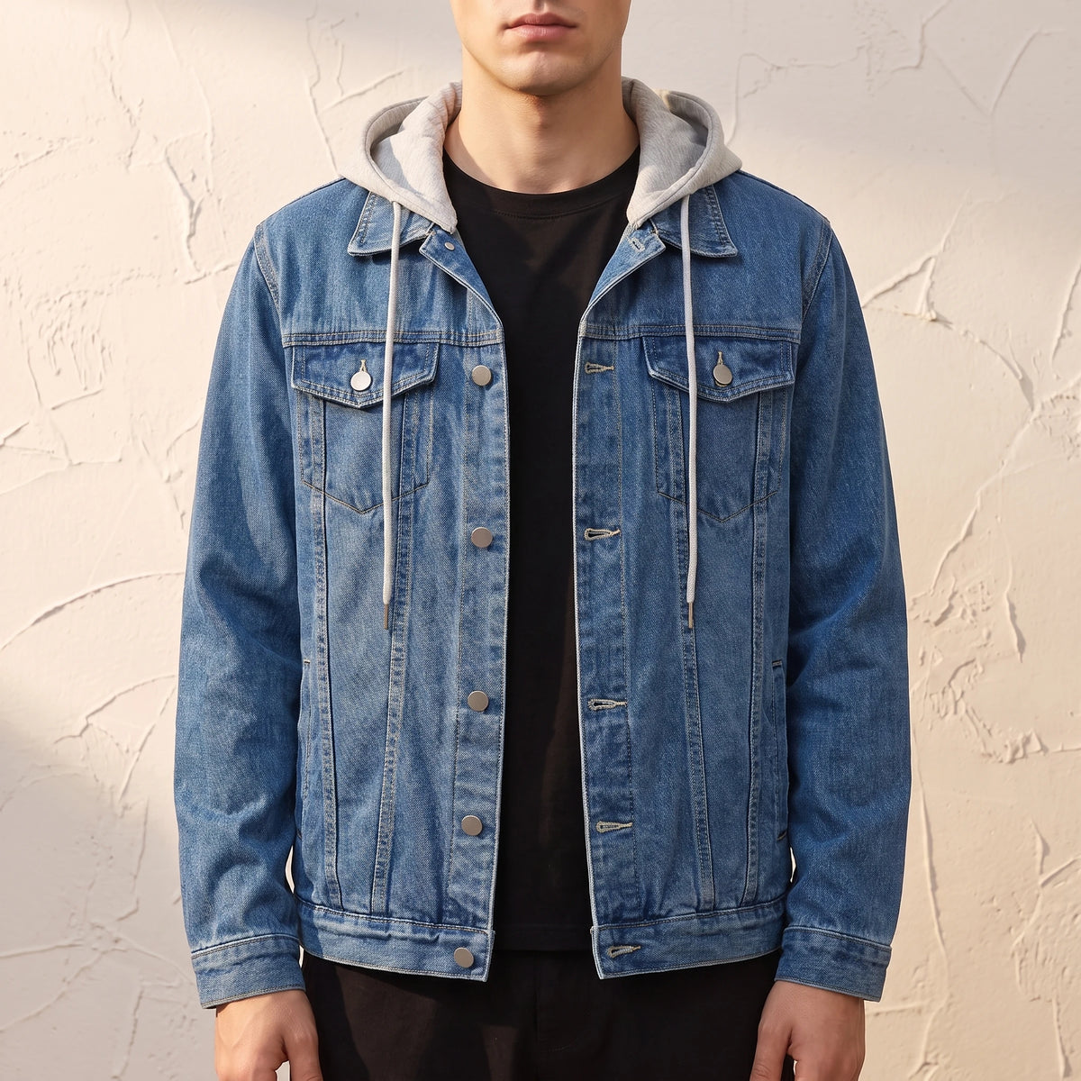 Renvo Trucker Jacket in Blue, mid-wash denim trucker jacket with a detachable grey jersey hood, worn open over a black tee
