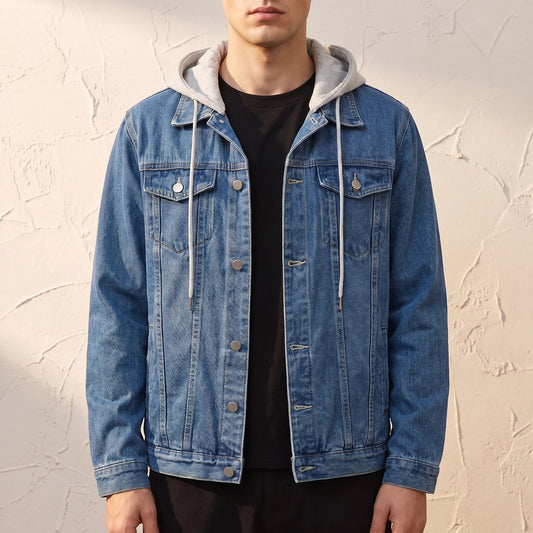 Renvo Trucker Jacket in Blue, mid-wash denim trucker jacket with a detachable grey jersey hood, worn open over a black tee