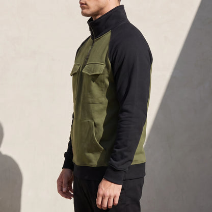 Calvano Half-Zip Sweatshirt in Green - side view showing kangaroo pouch pocket and ribbed hem