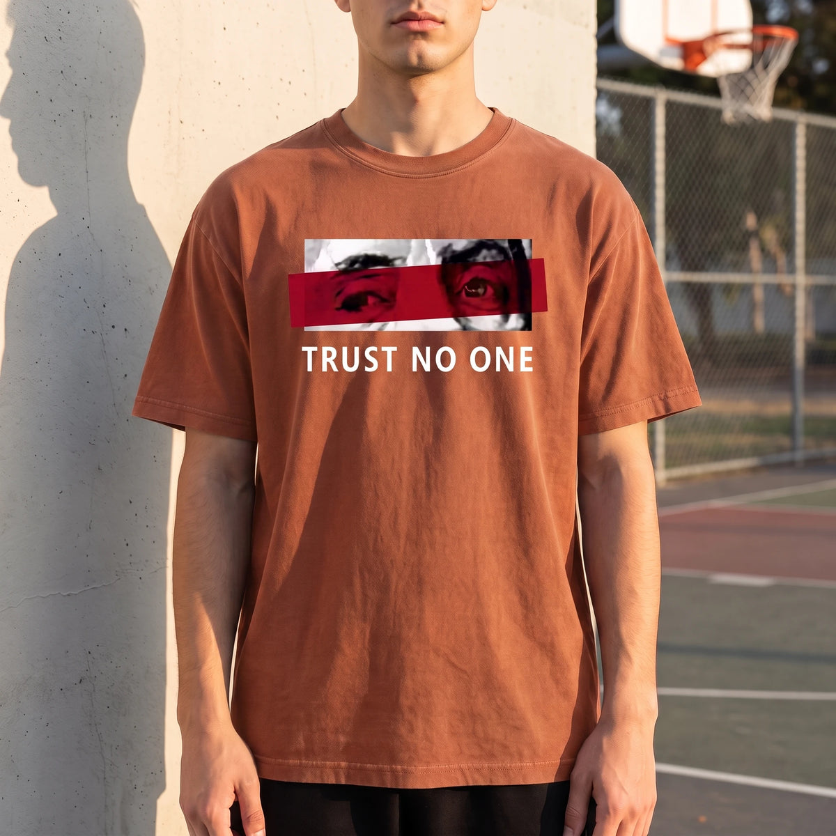 Verrado Graphic Tee in orange, front view worn