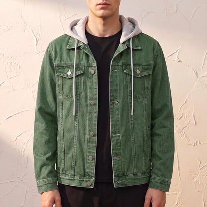 Renvo Trucker Jacket in Green, forest green cotton trucker jacket with a detachable grey jersey hood