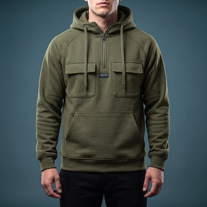 Renholt Utility Hoodie in Olive - textured knit half-zip hoodie with flap chest pockets worn by a model