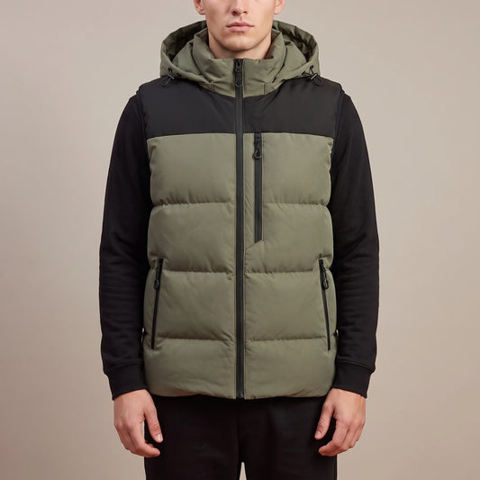 Ashcombe Utility Vest in Green - padded sleeveless vest with detachable hood and contrast shoulder panel, worn over a long-sleeve top by a model in studio