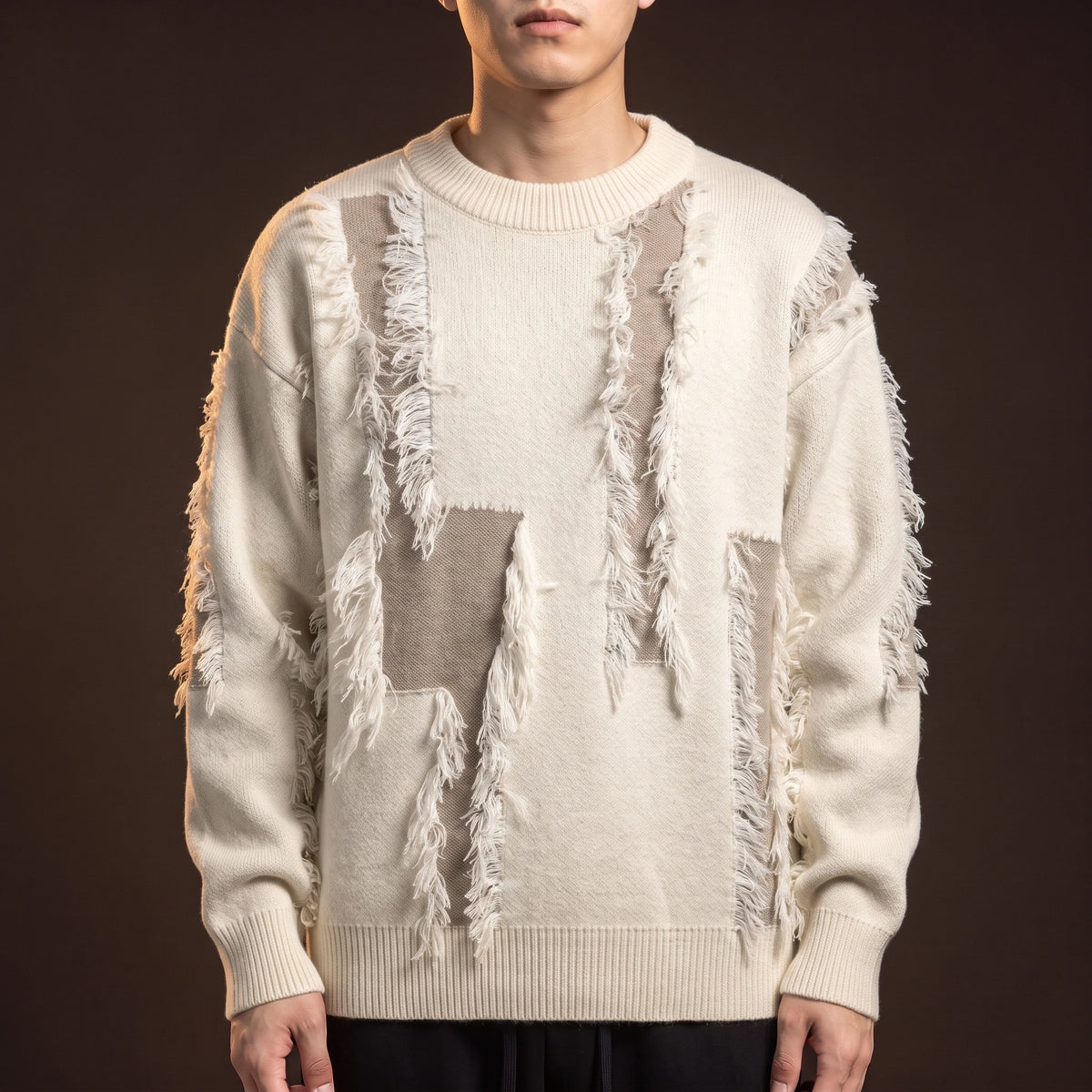 Verrick Distressed Sweater in White, oversized crew-neck knit with torn frayed bands and contrast under-layer, worn front view