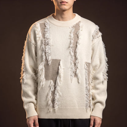 Verrick Distressed Sweater in White, oversized crew-neck knit with torn frayed bands and contrast under-layer, worn front view