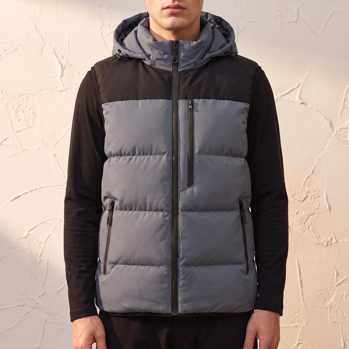 Ashcombe Utility Vest in Grey - padded sleeveless vest with detachable hood worn by a model