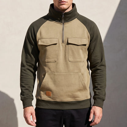 Calvano Half-Zip Sweatshirt in Khaki - khaki funnel-neck pullover with olive raglan sleeves worn by a model
