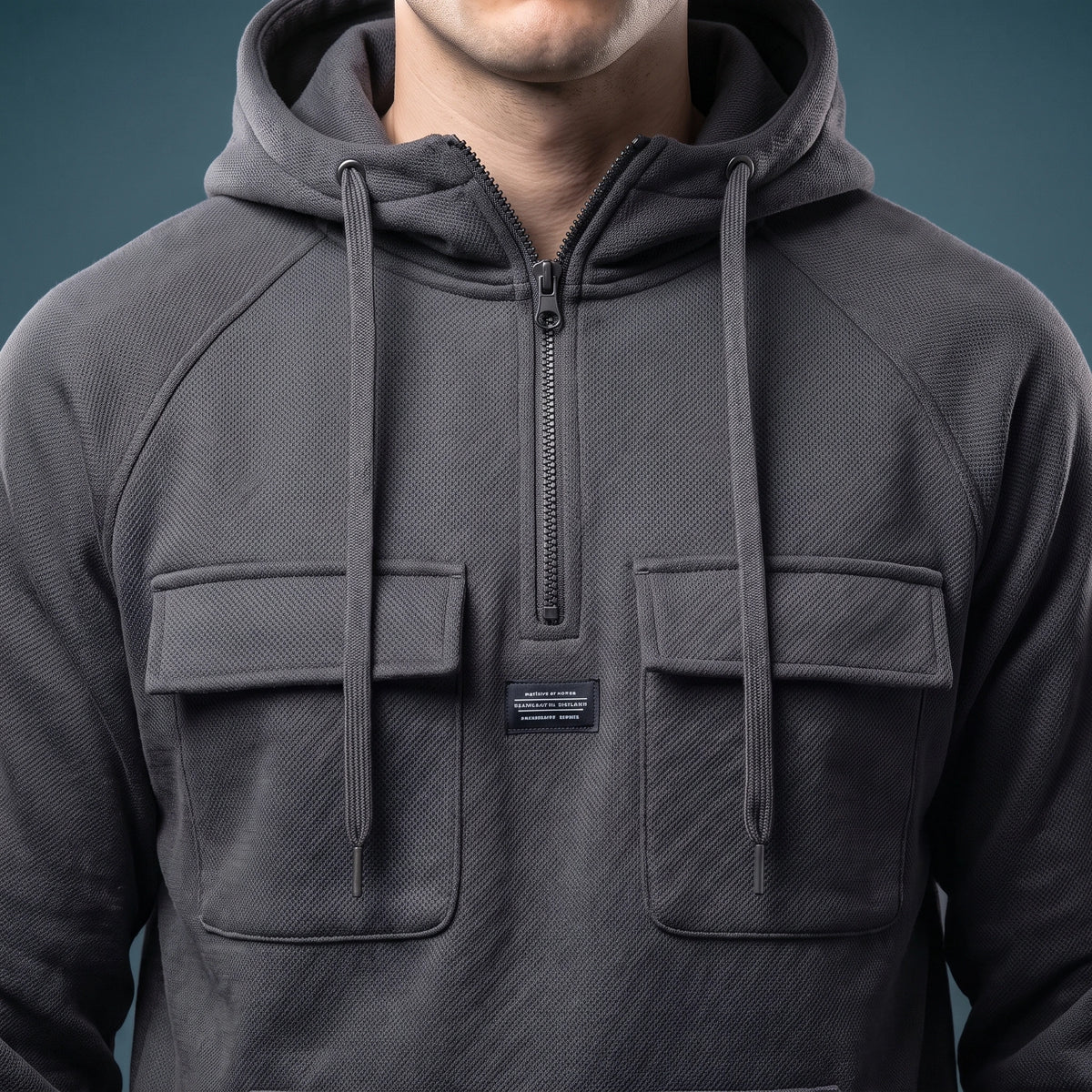 Renholt Utility Hoodie close-up detail - half zip, hood drawcords, flap pockets and woven chest label
