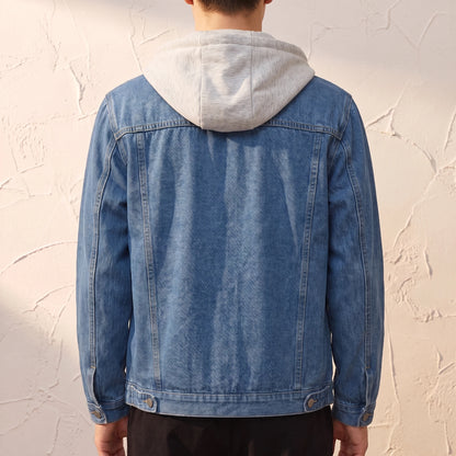 Renvo Trucker Jacket back view showing the plain unprinted denim back, yoke seam and buttoned waist tabs