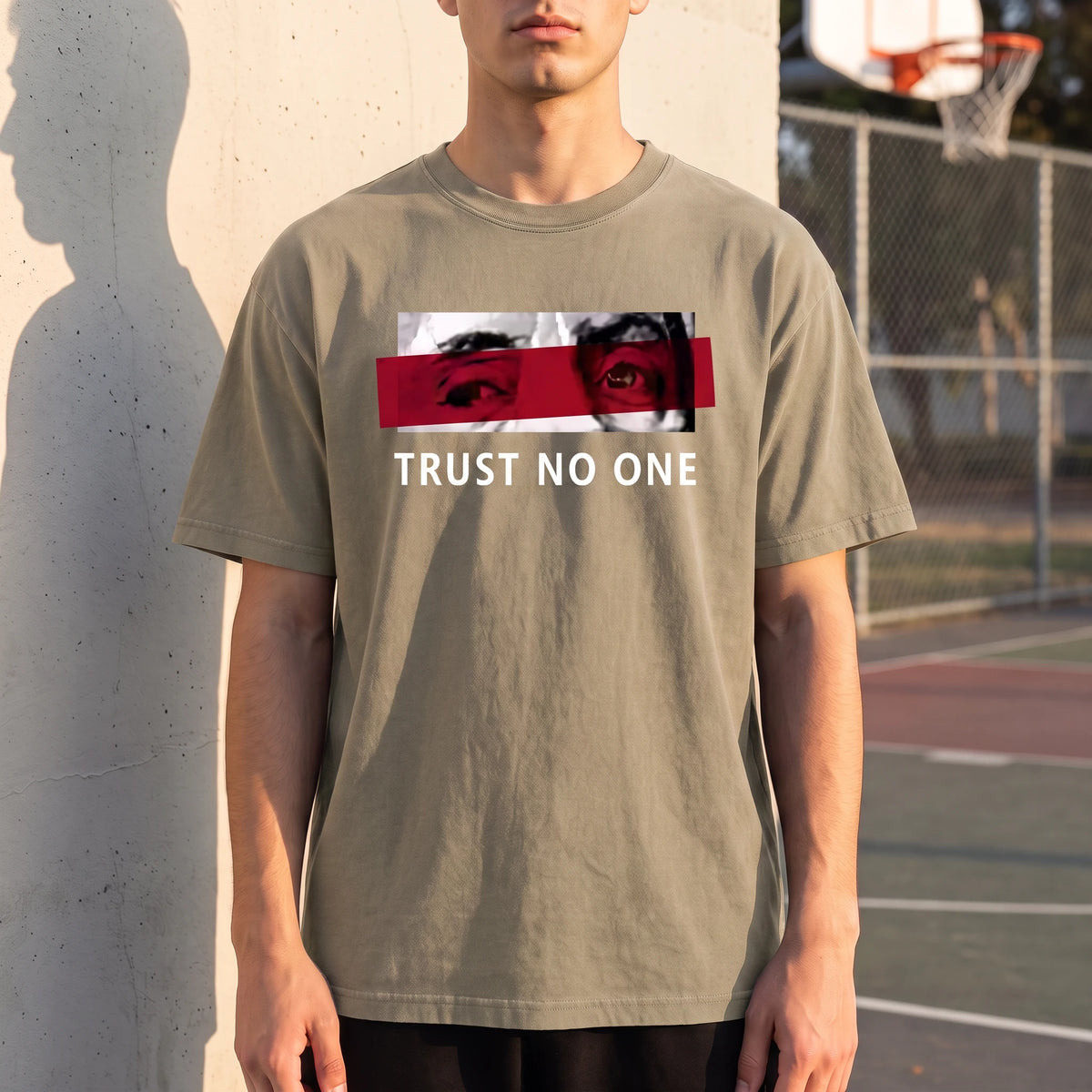 Verrado Graphic Tee in khaki, front view worn