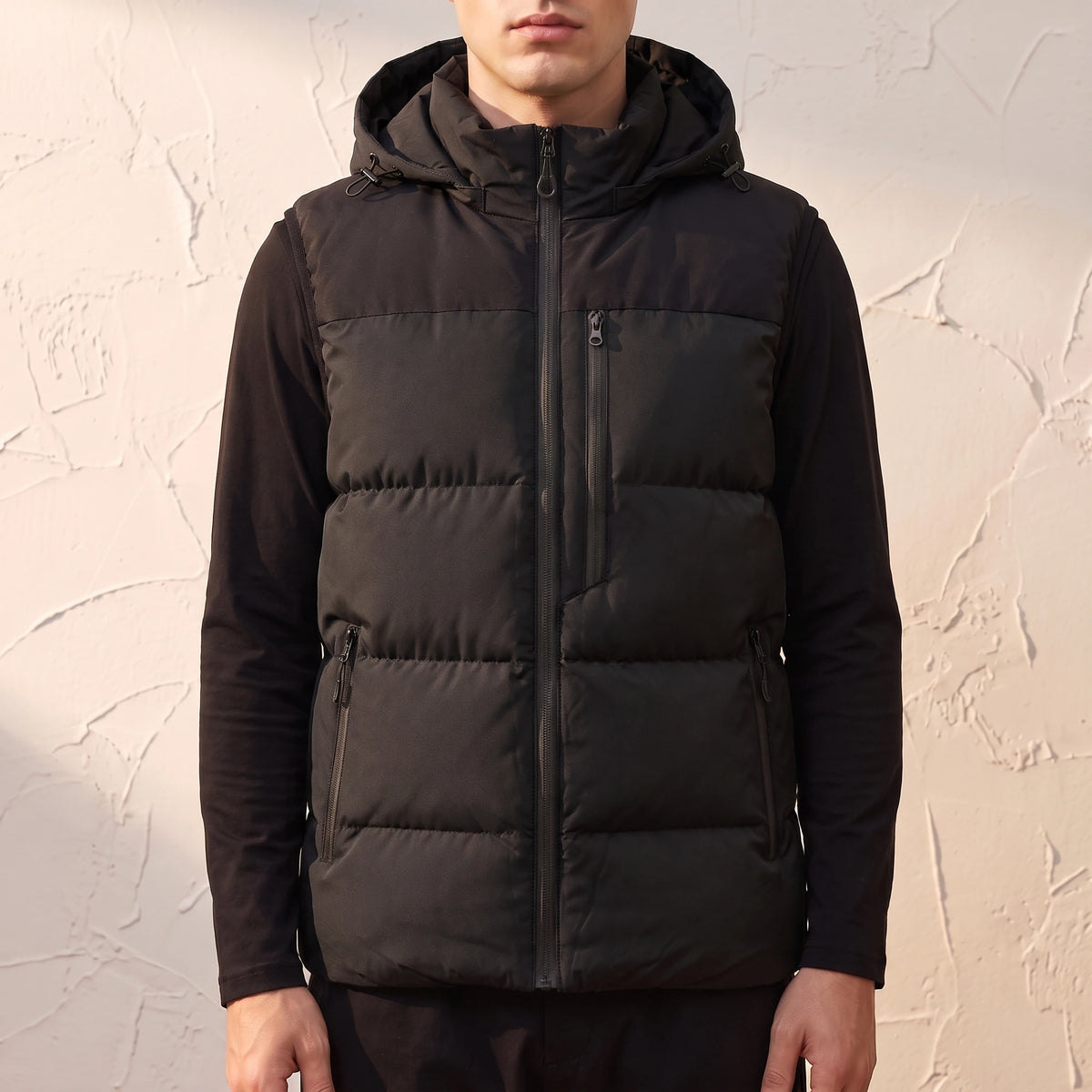 Ashcombe Utility Vest in Black - padded sleeveless vest with detachable hood worn by a model