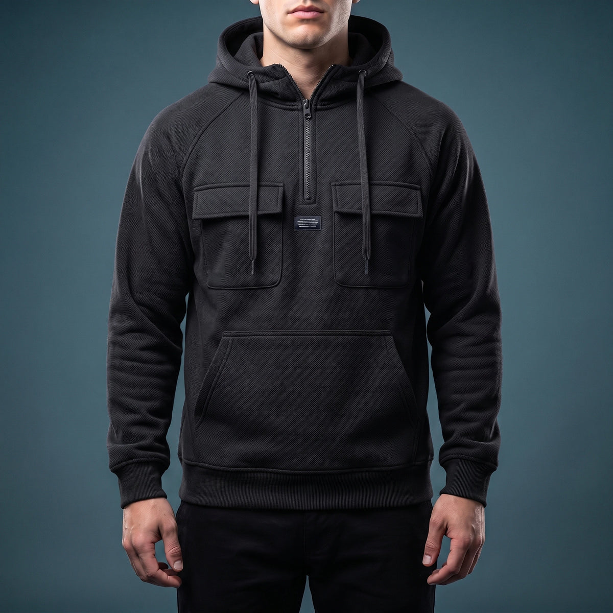 Renholt Utility Hoodie in Black - textured knit half-zip hoodie with flap chest pockets worn by a model