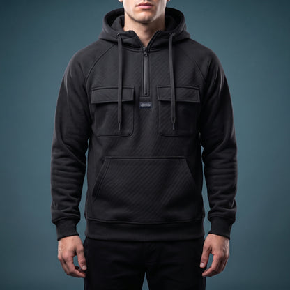 Renholt Utility Hoodie in Black - textured knit half-zip hoodie with flap chest pockets worn by a model