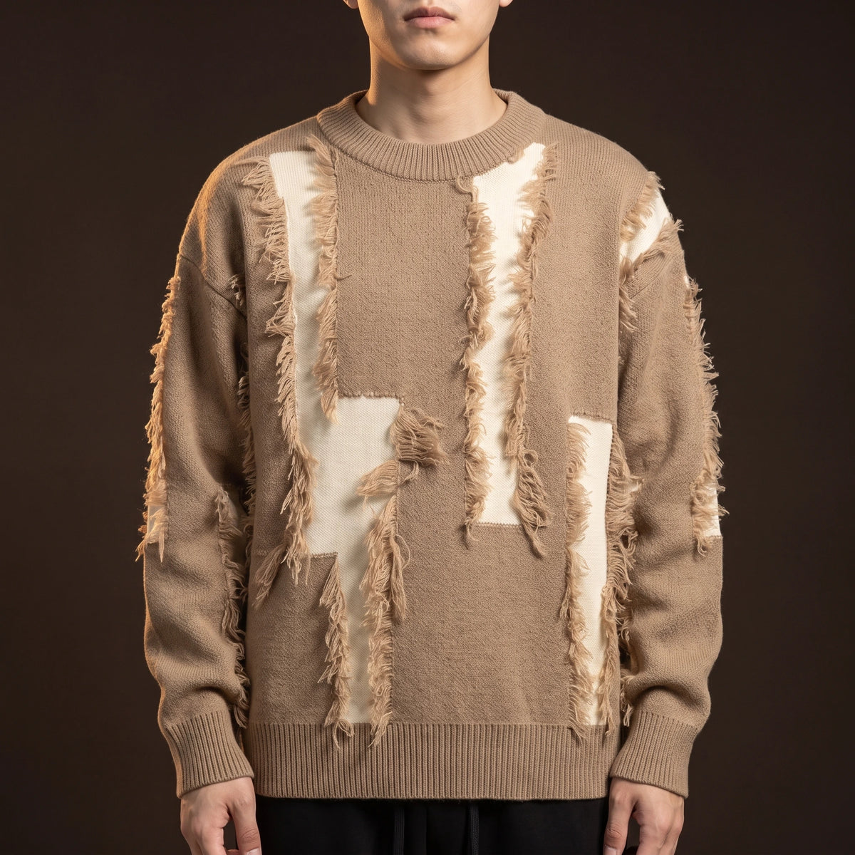 Verrick Distressed Sweater in Khaki, oversized crew-neck knit with torn frayed bands and contrast under-layer, worn front view