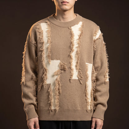 Verrick Distressed Sweater in Khaki, oversized crew-neck knit with torn frayed bands and contrast under-layer, worn front view