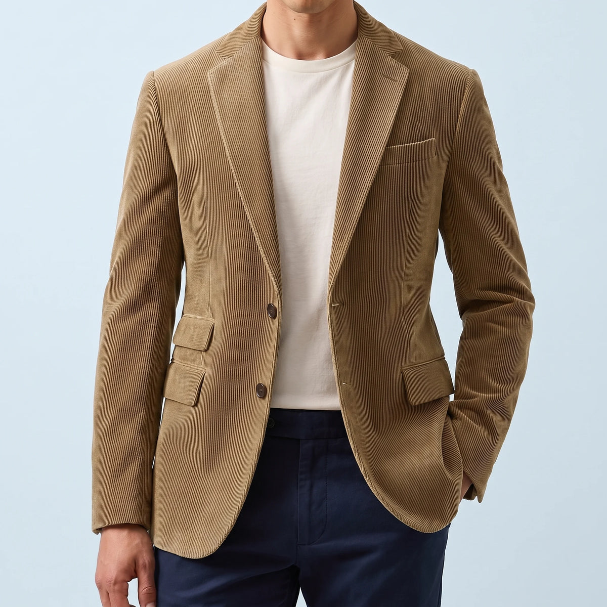 Ashford Corduroy Blazer in khaki, men's two-button corduroy blazer with notch lapels, front view