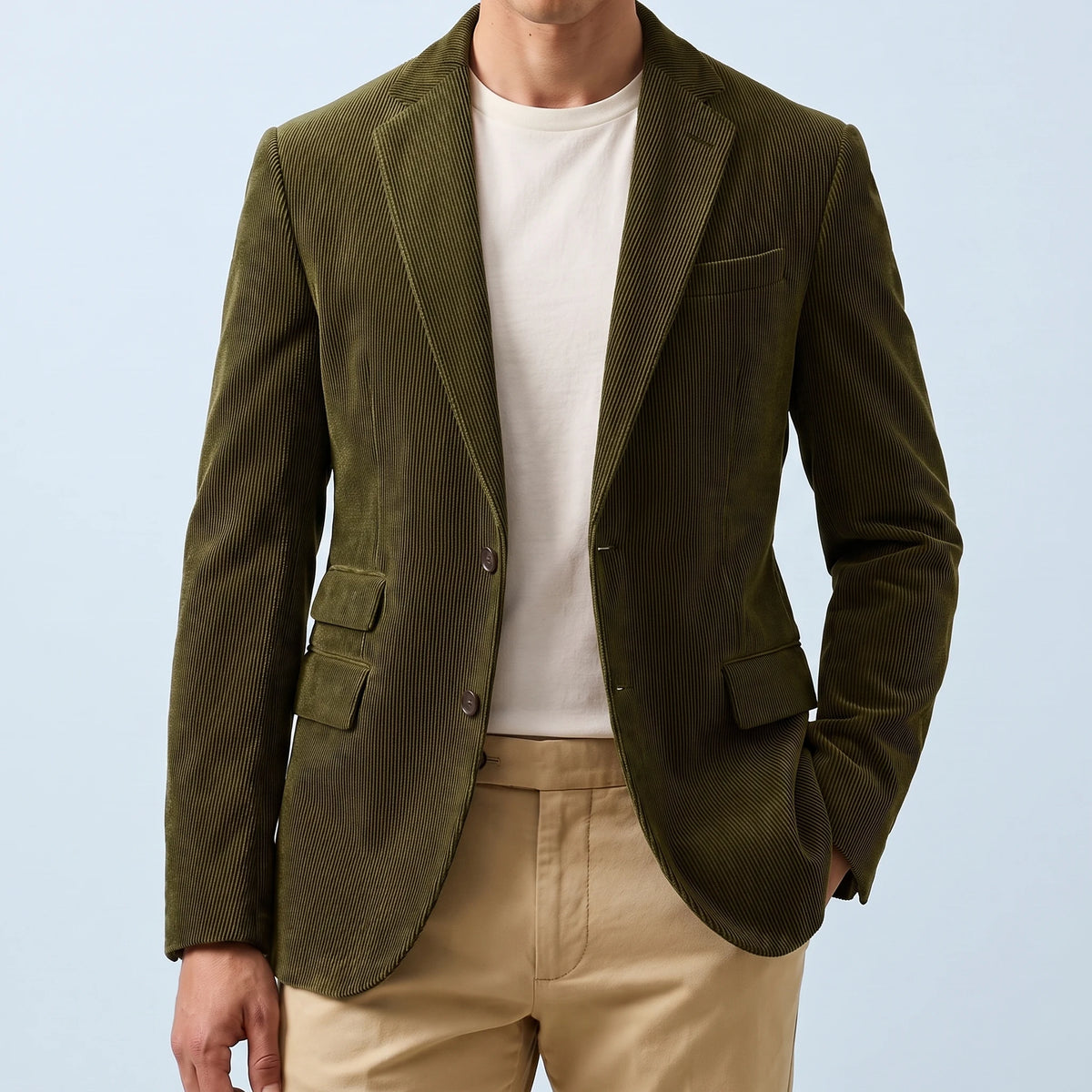 Ashford Corduroy Blazer in olive green, men's two-button corduroy blazer with notch lapels, front view