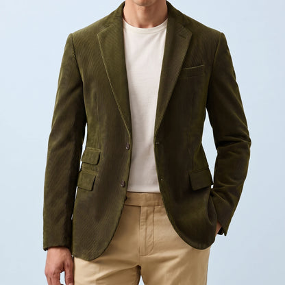Ashford Corduroy Blazer in olive green, men's two-button corduroy blazer with notch lapels, front view