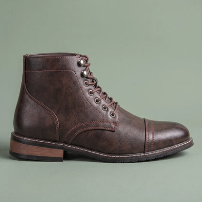 Brennan Cap-Toe Boot in dark brown, men's lace-up cap-toe ankle boot with contrast stitching, side view