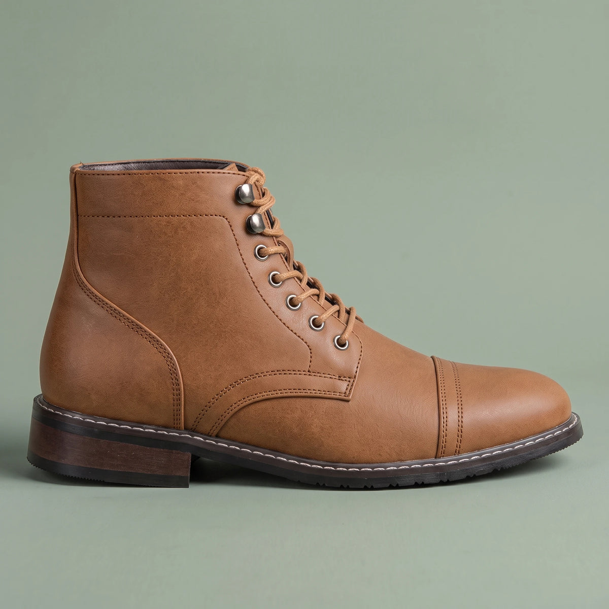Brennan Cap-Toe Boot in tan, men's lace-up cap-toe ankle boot with stacked heel, side view