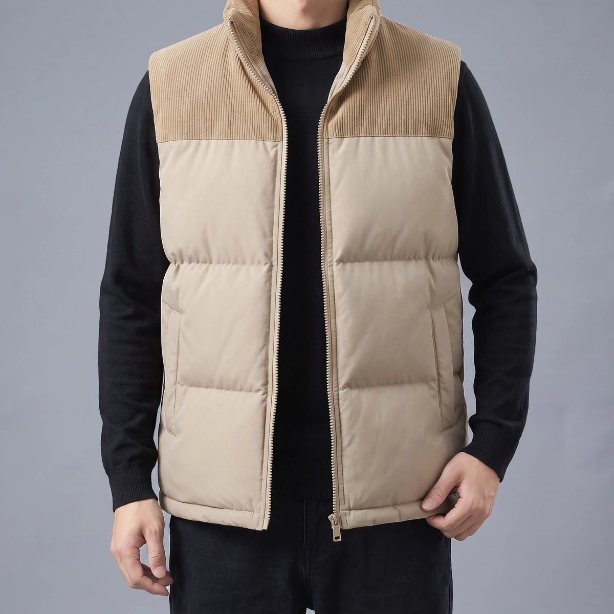 Brennick Puffer Vest in beige, men's puffer vest with corduroy shoulders and stand collar