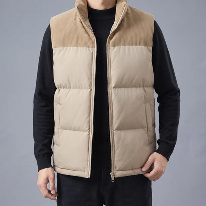 Brennick Puffer Vest in beige, men's puffer vest with corduroy shoulders and stand collar